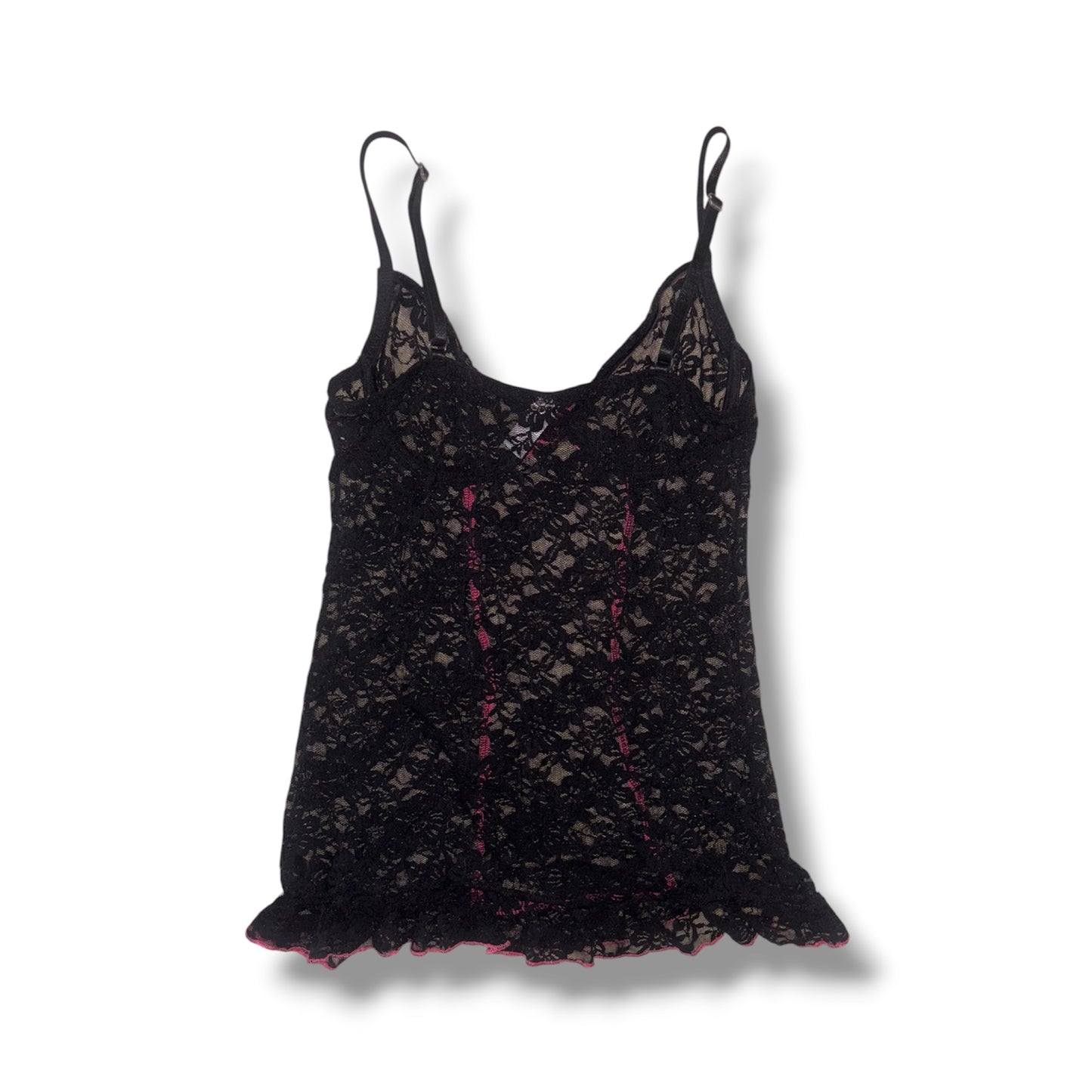 Black Sheer Lace Cami Top with Hot Pink Lace Trim