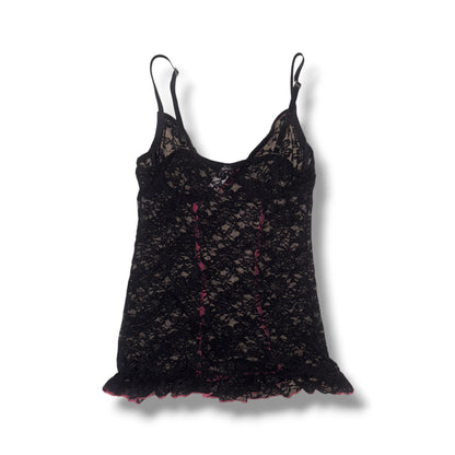Black Sheer Lace Cami Top with Hot Pink Lace Trim