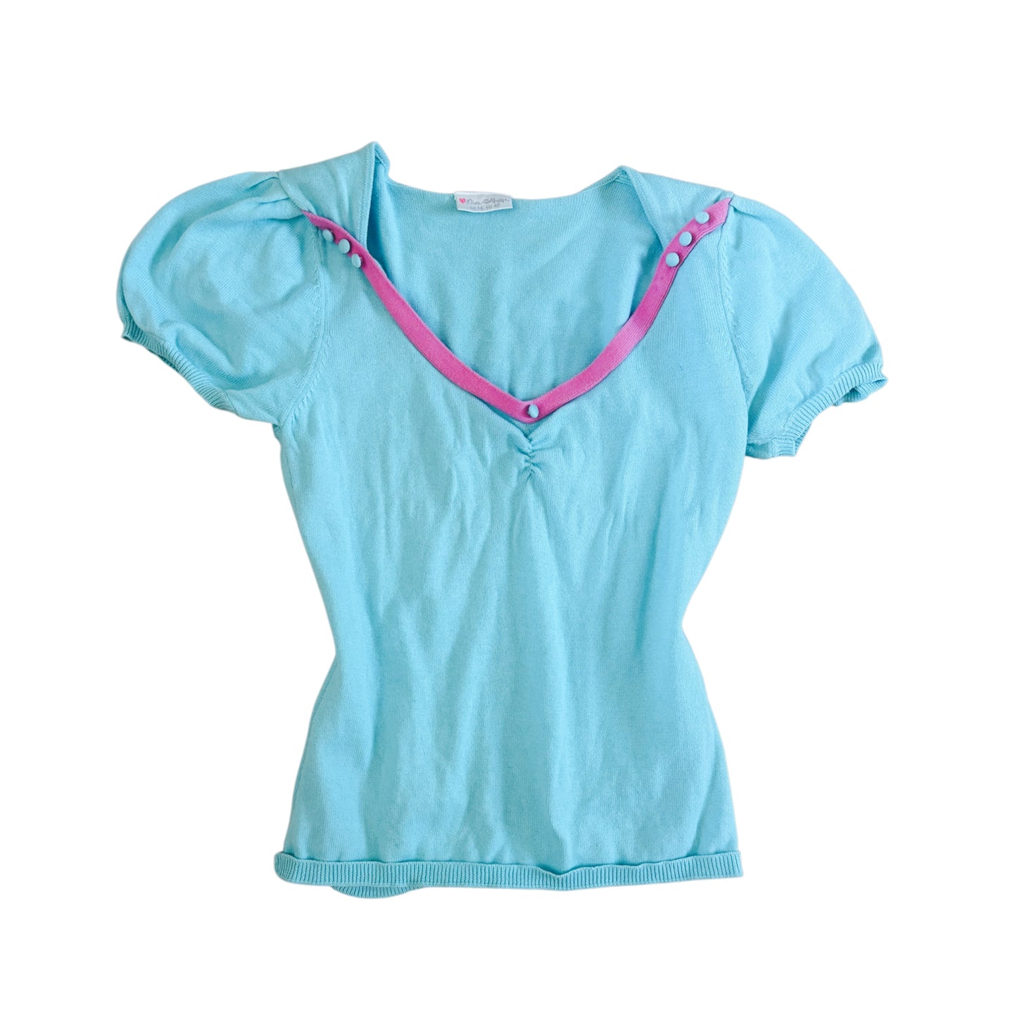 Miss Selfridge Turquoise & Pink Puff Sleeve Knit Top
