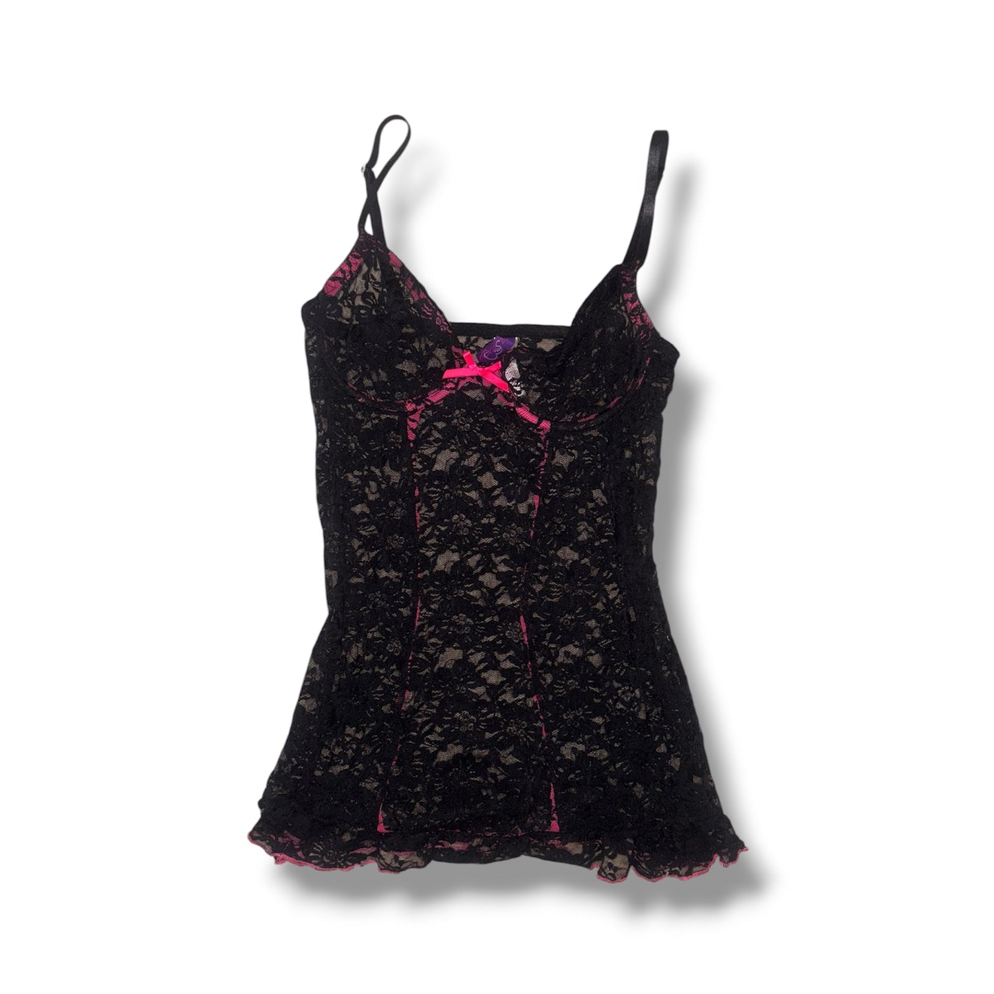 Black Sheer Lace Cami Top with Hot Pink Lace Trim