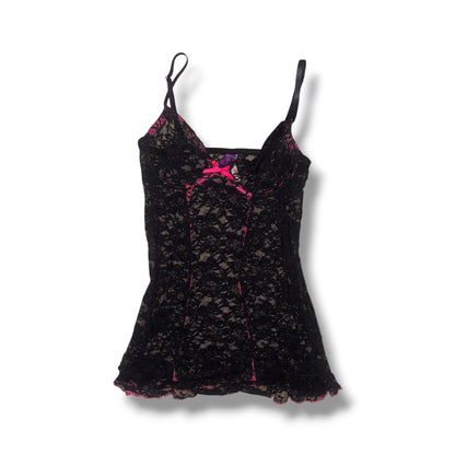 Black Sheer Lace Cami Top with Hot Pink Lace Trim