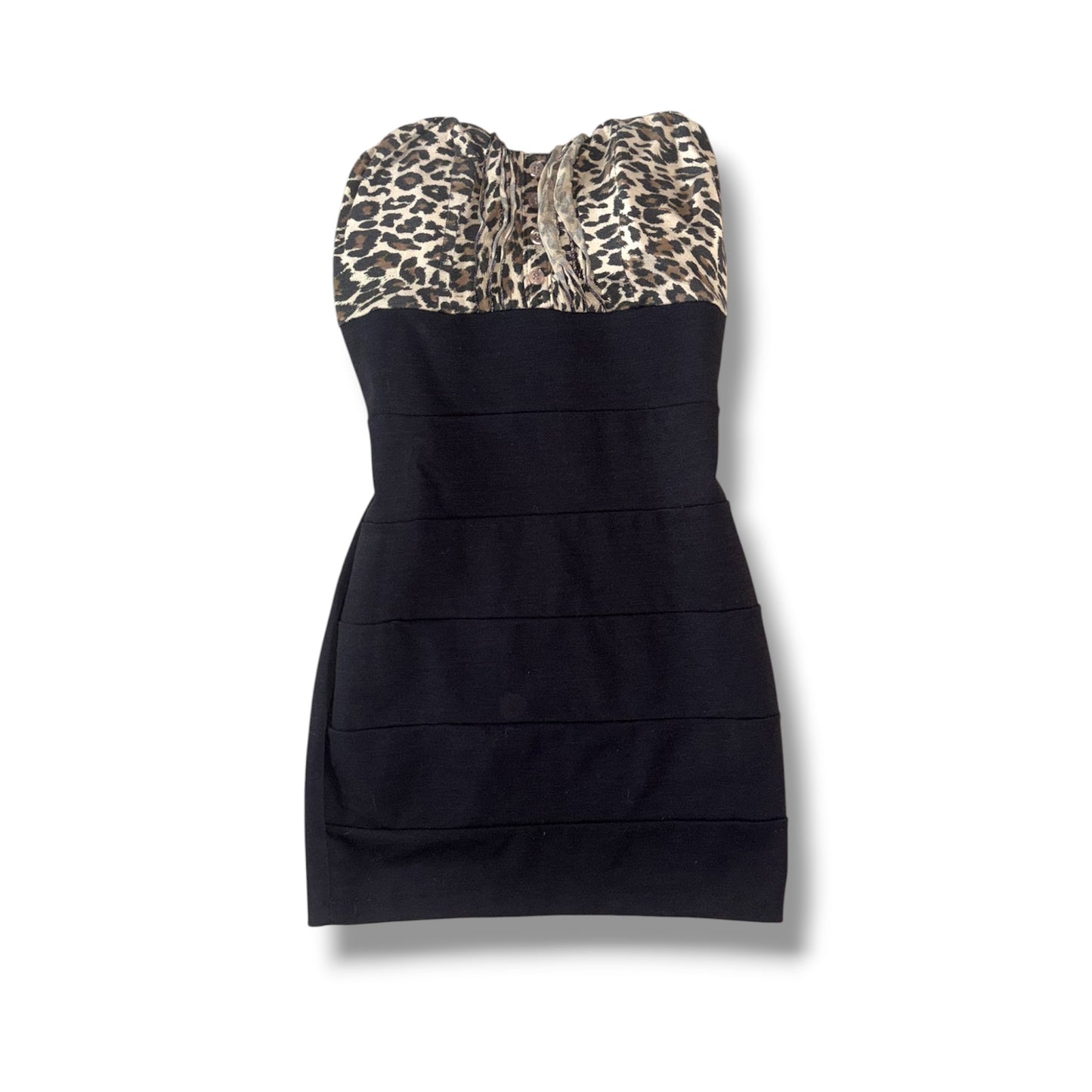 TGS Black & Leopard Print Strapless Bandage Dress